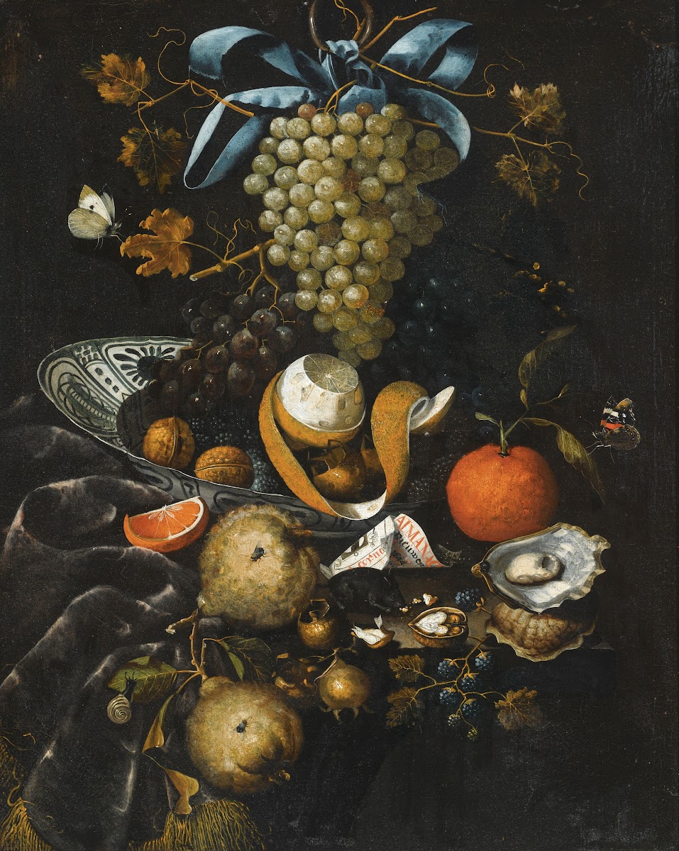 A Still Life Of Blue And White Grapes WalnutsA Half Peeled Lemon And Blackberrie