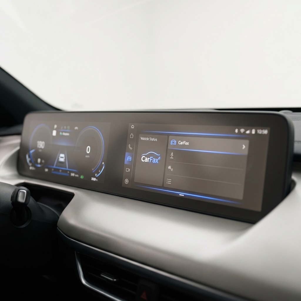 Close up photo of a car dashboard with infotainment screen and instrument cluster minimalist composition subtle CarFax blue accents for common Chevy problems article