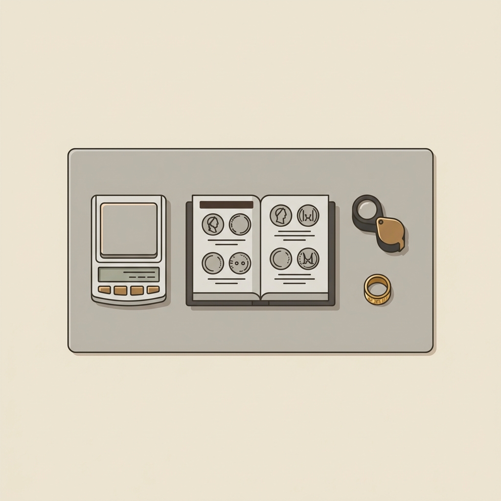 Minimalist conservator workspace with scale loupe open catalog referencing a RIC page and a gold ring stamped roman placed for attribution study