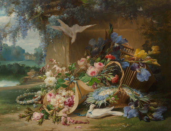 Floral still life with doves and wisteria in the gardens of a country estate 187