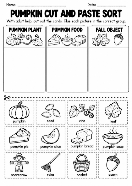 Pumpkin Cut and Paste Sort Worksheet