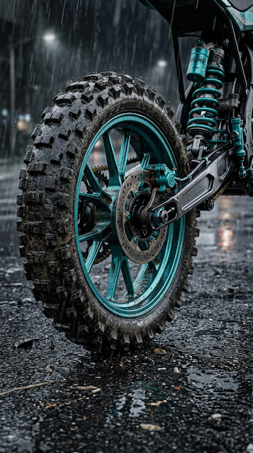 Low Angle Close-Up of Teal Custom Motorcycle Rear Wheel in Rain - Free mobile Wallpaper
