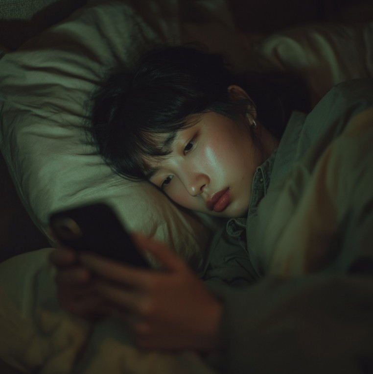 새벽에 침대에 앉아 있는 모습