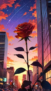 Giant Rose Blooming in City at Sunset Sky