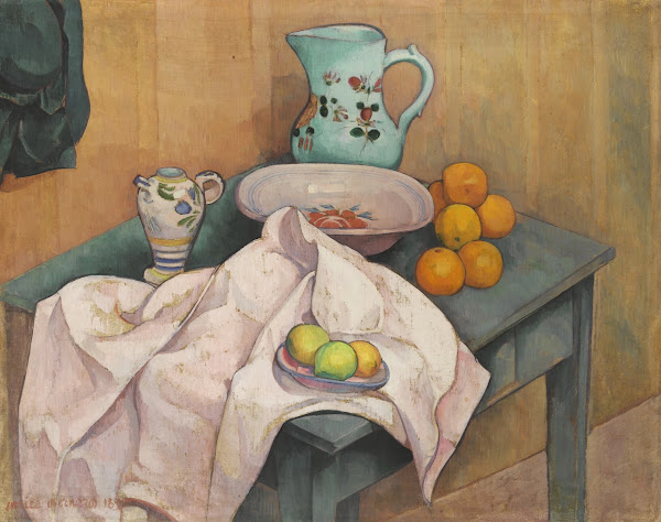 Nature morte au pichet et aux fruits sur une serviette deployée 1890