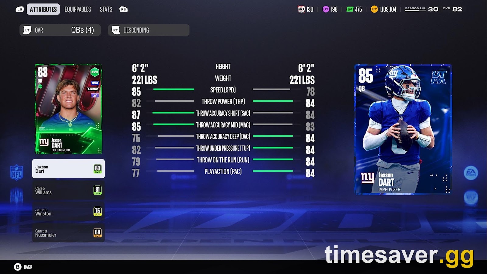 Madden NFL 27 Ultimate Team attribute comparison screen showing two quarterback items side by side with the MUT coin and Madden Points balance in the top HUD