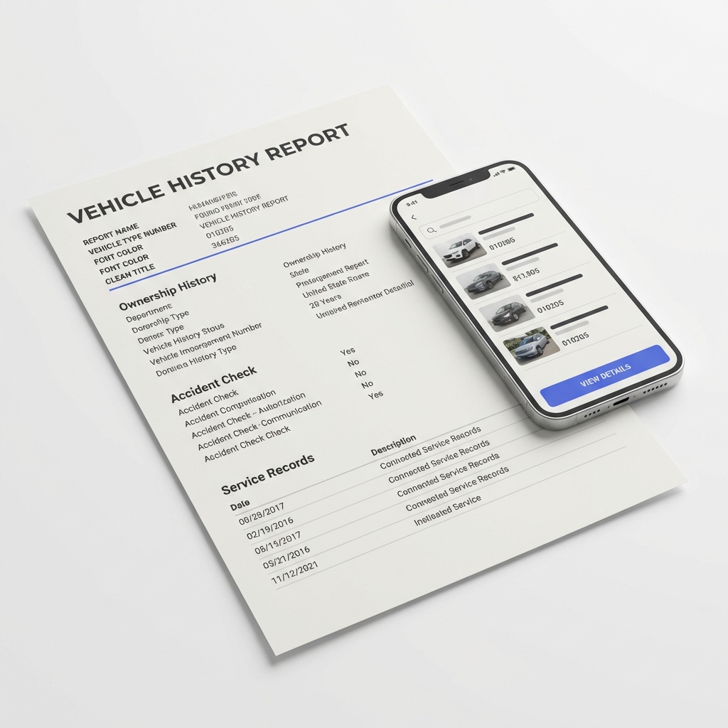 Close up of a vehicle history report and smartphone showing car listings on white background for trade in value car research and verification