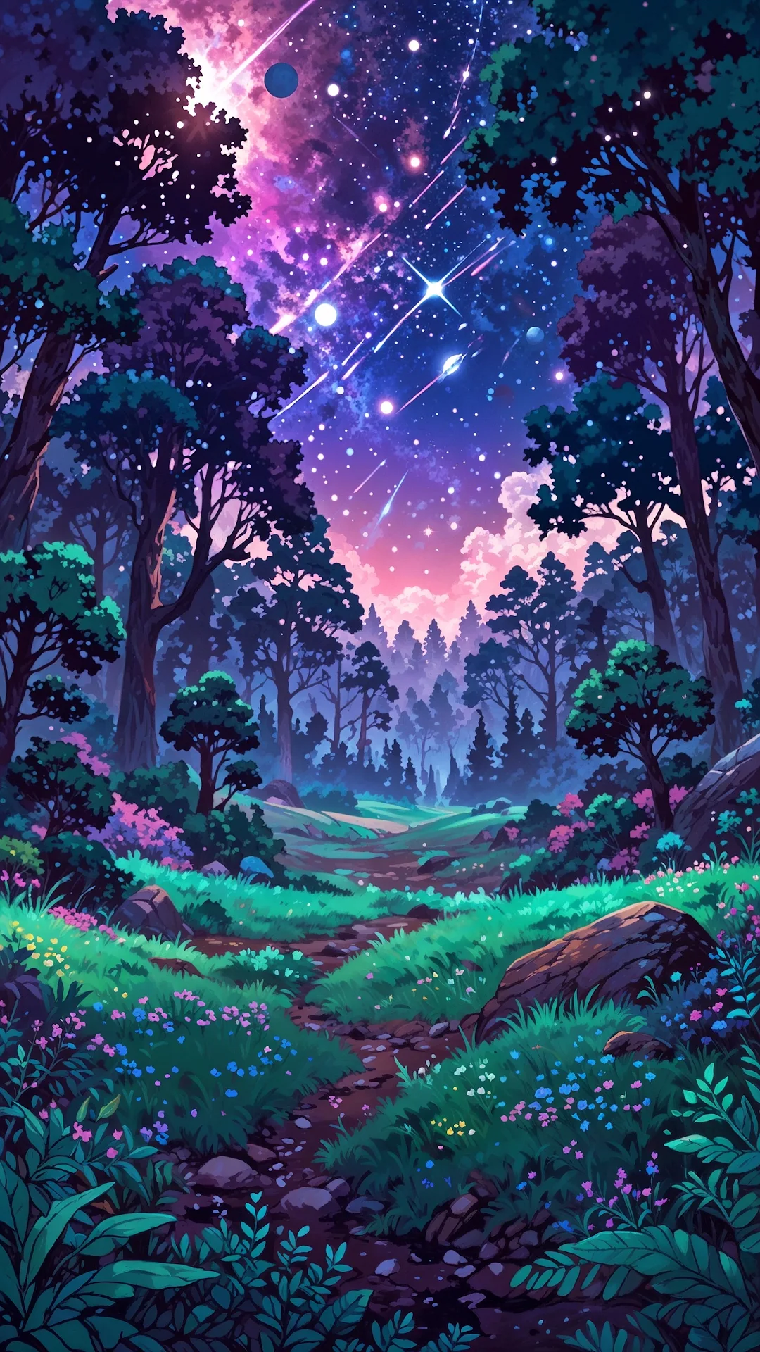Magical Forest Path Under Starry Cosmic Sky - Free 4K mobile Wallpaper
