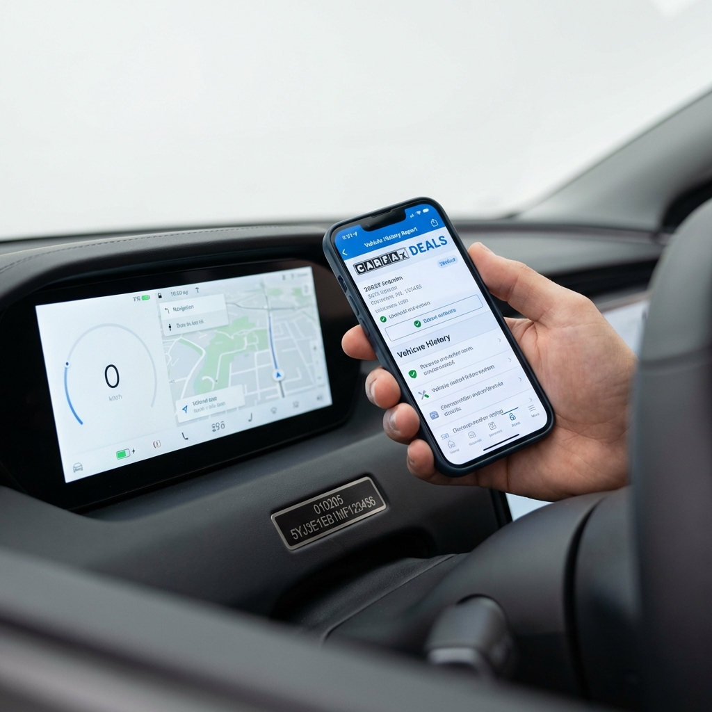 Close up of Tesla dashboard VIN and hand holding phone showing CarFax Deals vehicle history report tesla for sale
