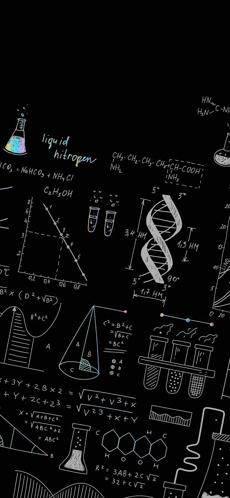 Science Formulas On Black Background - Line Art Illustration iPhone Wallpaper (996x2160)