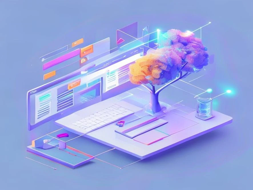 웹페이지의 화면(뷰포트)과 이를 구성하는 DOM 트리 구조, CSS 스타일링 레이어를 조각으로 시각화한 모던한 3D 일러스트레이션.
