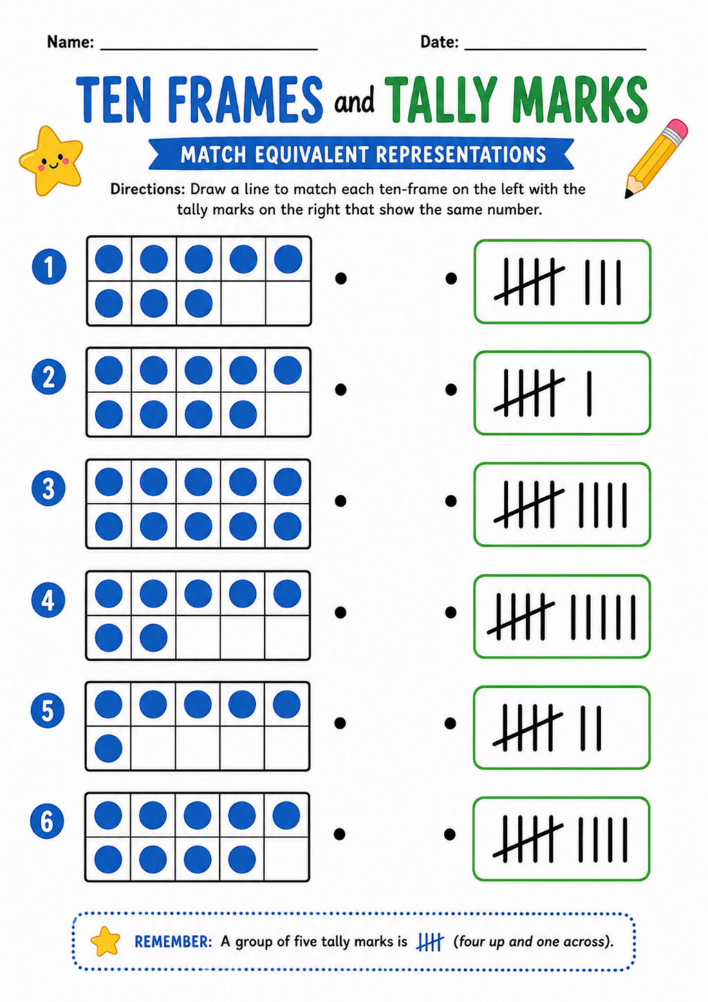 Ten Frames and Tally Marks Worksheet