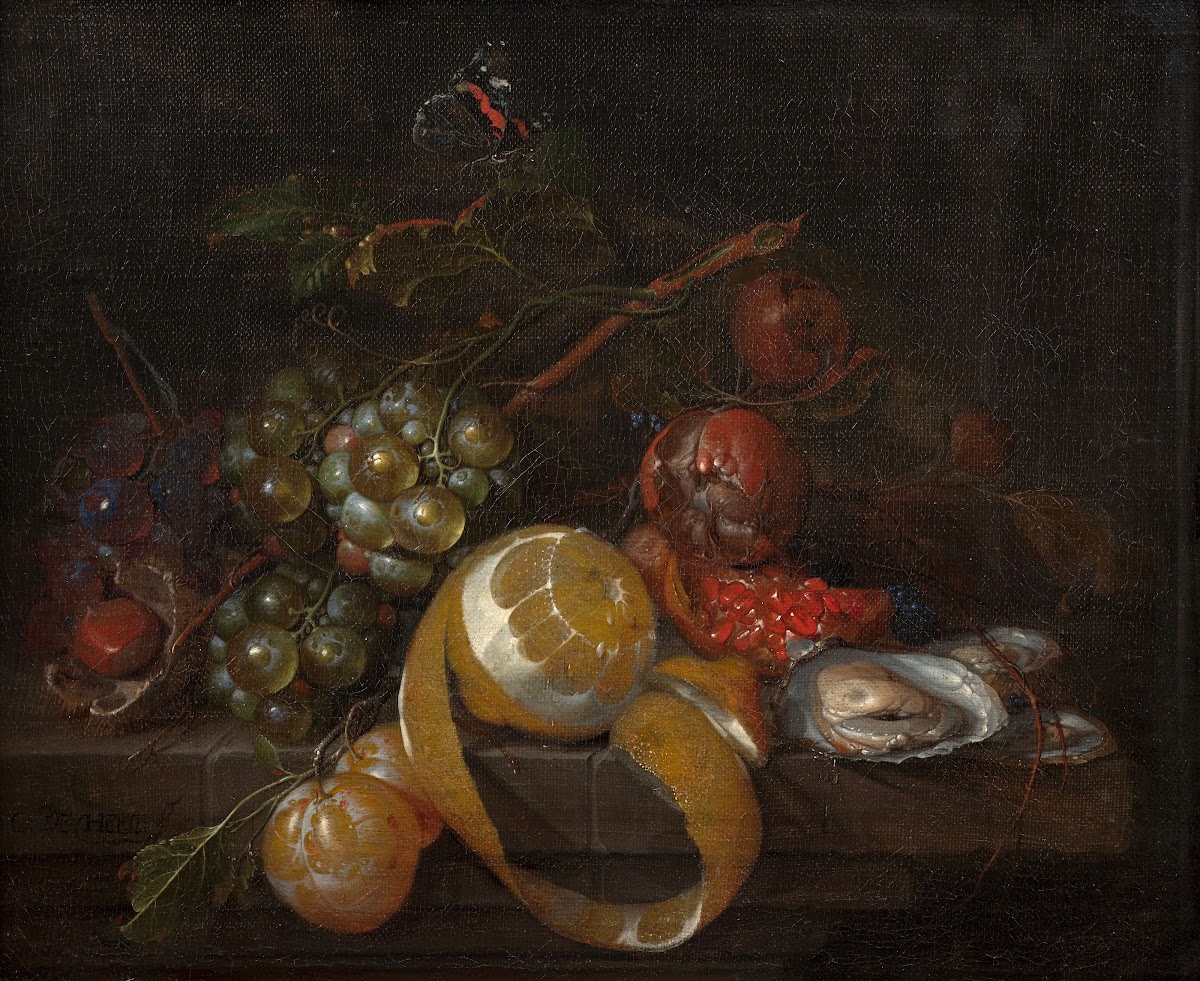 Composition with lemon grapes and oysters