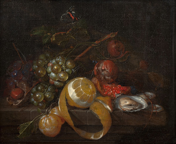 Composition with lemon grapes and oysters