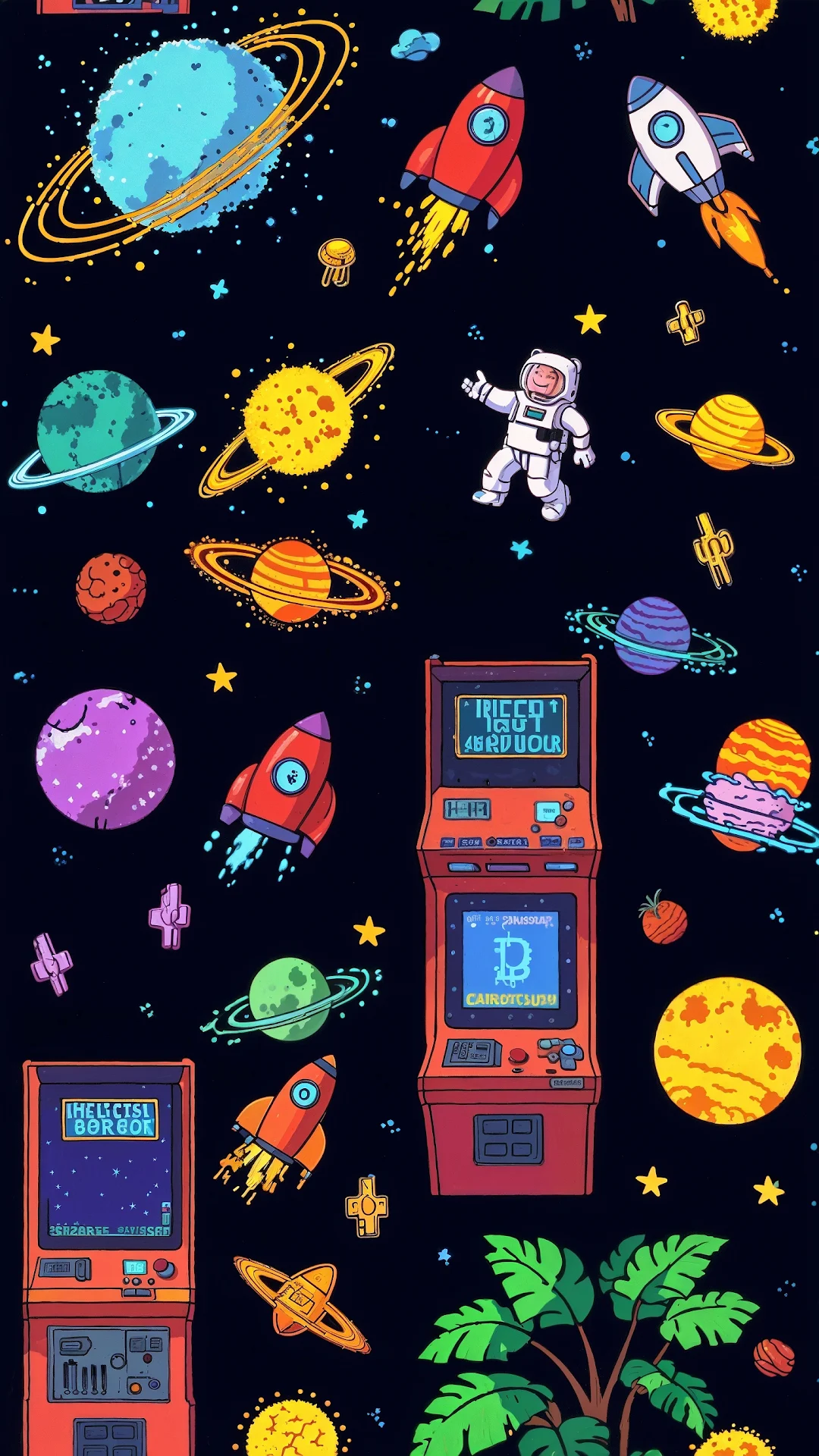 Cartoon Space Scene with Rockets and Arcade Games - Free 4K mobile Wallpaper
