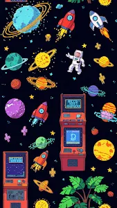 Cartoon Space Scene with Rockets and Arcade Games