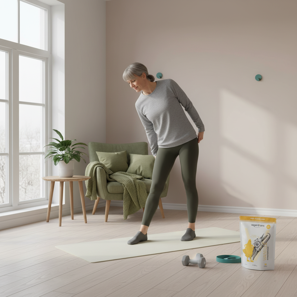 Minimalistische Heimtrainingsszene im hellen Wohnzimmer mit Yogamatte und Pflanzen, winterliches Licht und dezent platziertes Produkt – welche übungen für frauen ab 50