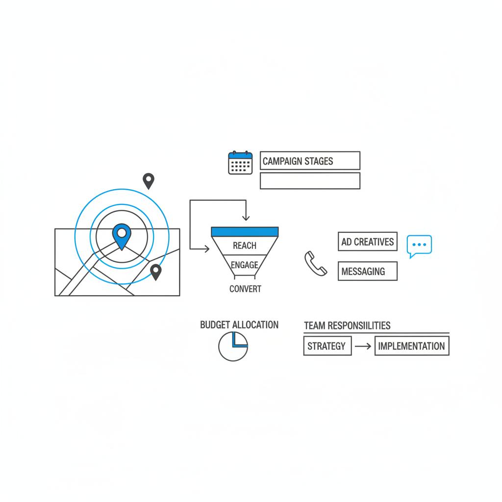 2D vector top-down workspace sketch for facebook ads for local services showing map radius targets, follow-up arrows, and phone, calendar, chat icons in brand colors.
