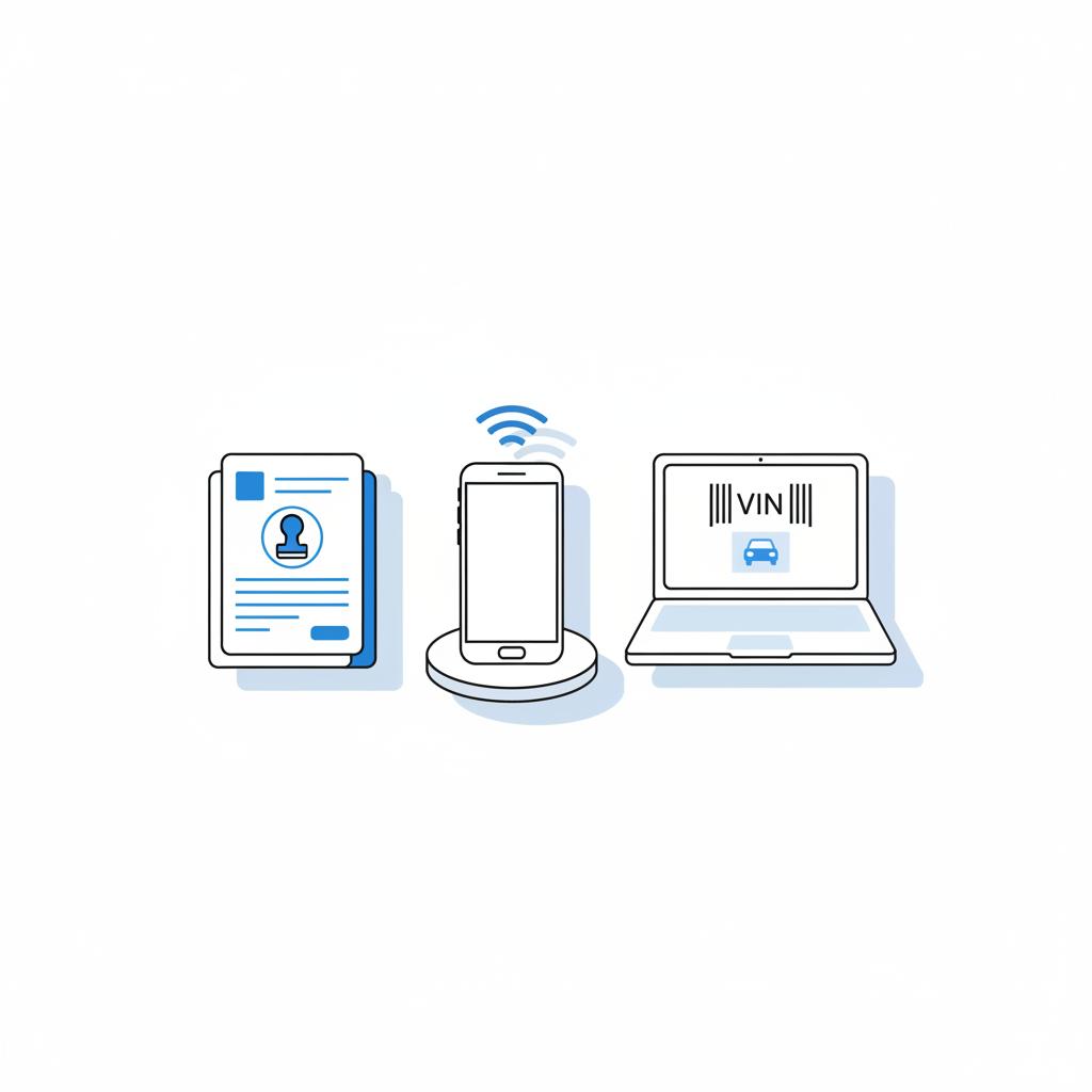 Minimalist vector desk scene with smartphone laptop and paperwork suggesting toyota supra for sale research no people no text