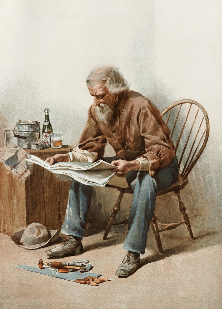 Older man sitting on a chair reading a newspaper 1880