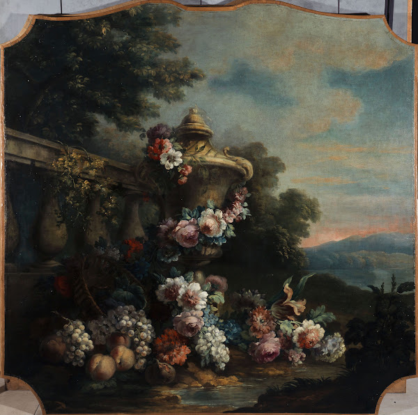 Vase fleurs et fruits dans un paysage 1911