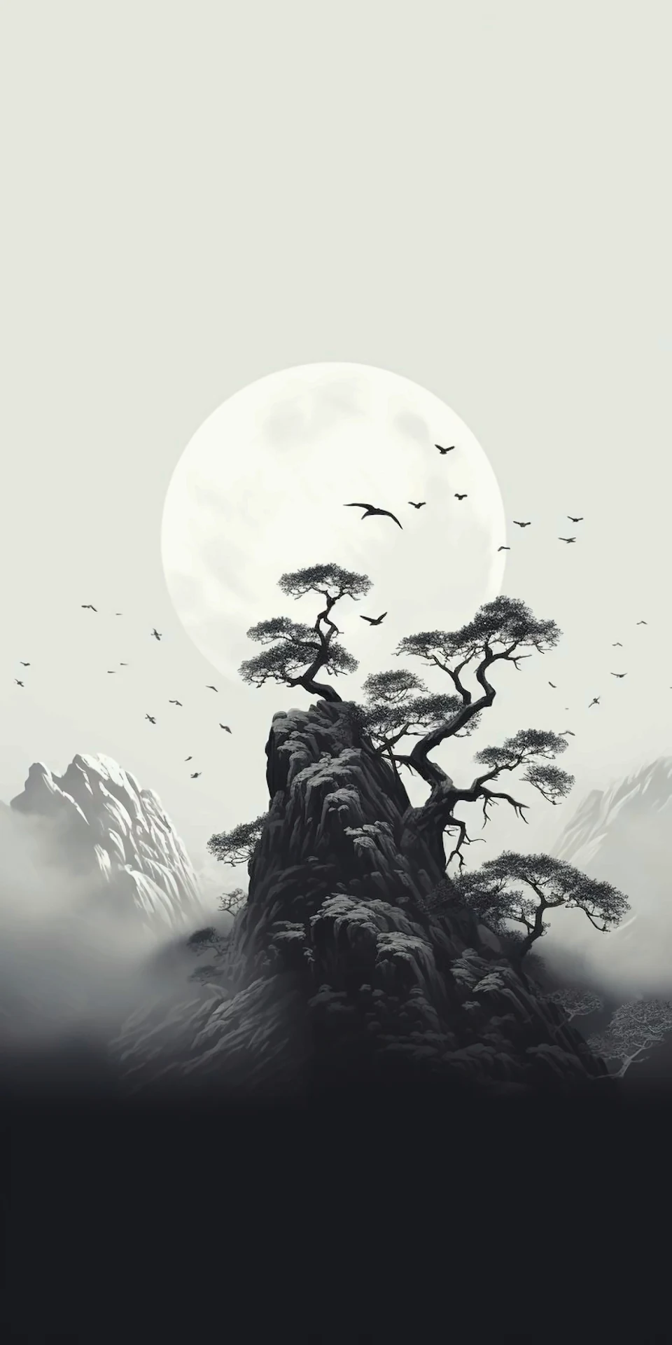 Majestic Sumi-e Pine Tree on Mountain Peak with Full Moon - Free 4K mobile Wallpaper