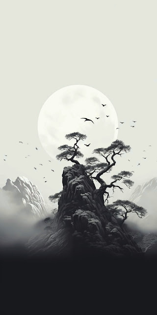 Majestic Sumi-e Pine Tree on Mountain Peak with Full Moon - Free mobile Wallpaper
