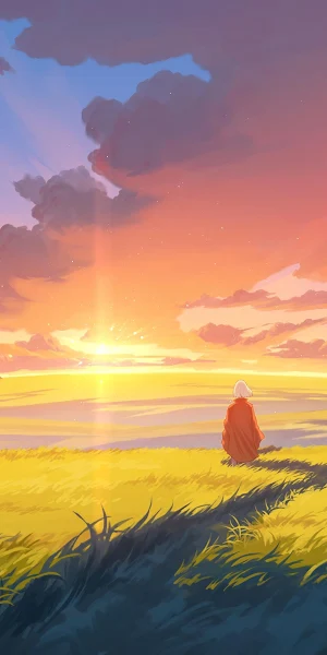 Sunset Landscape, Anime Artwork, Golden Field, Peaceful Scenery 4K Wallpaper Background