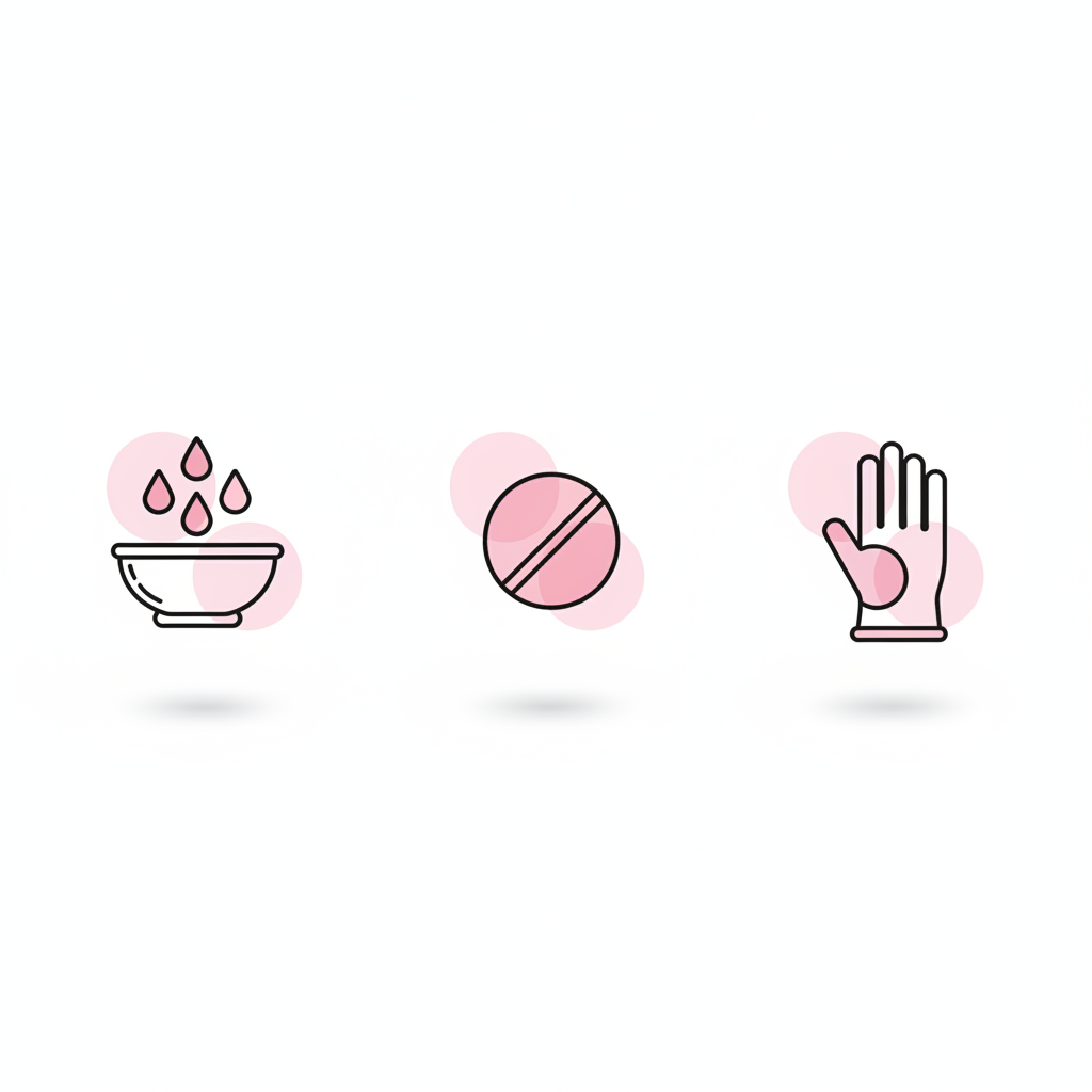 Minimalistische Infografik mit drei Hausmittel Fingernägel Icons: Ölbad-Schale mit Tropfen, Biotin-Tablette und Handschuh in NailX-Farben.
