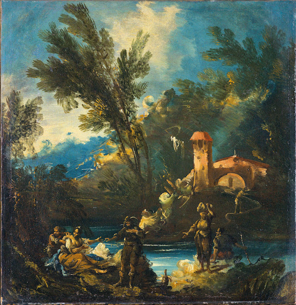 A wooded river landscape with figures