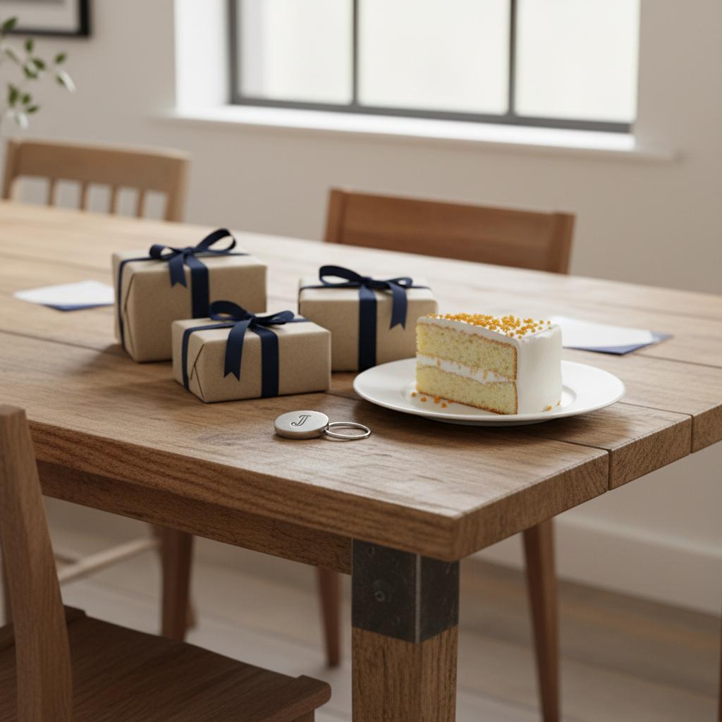 Nahaufnahme: rustikaler Tisch mit sorgsam verpackten Geschenken, graviertem Metall-Schlüsselanhänger und Vanillekuchen – Szene für Geld zur Konfirmation, minimalistisch und heimelig.