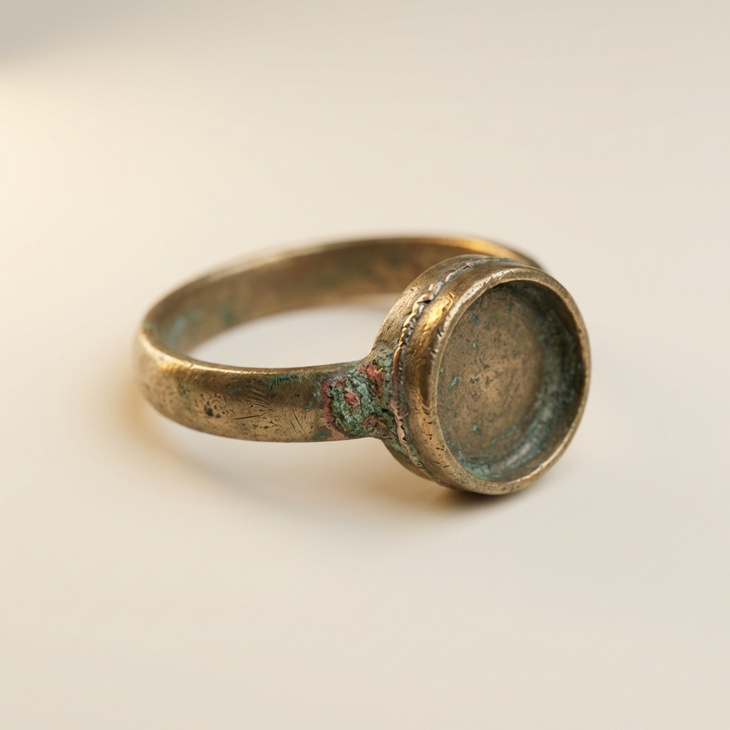 How to buy ancient rings macro photo showing an ancient bronze ring hoop and bezel on a pale beige background with visible patina and a historic repair seam for inspection