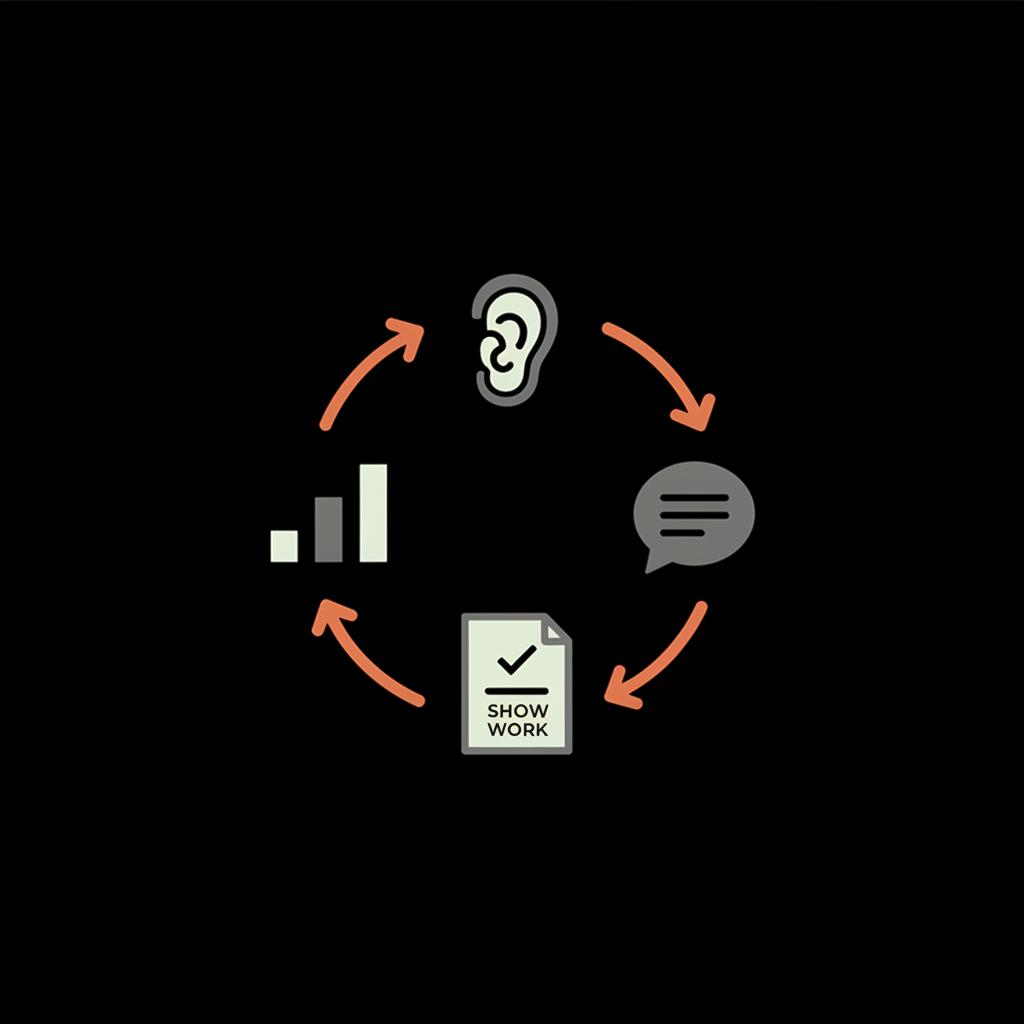 Minimal 2D vector infographic of a trust loop: ear, reply bubble, doc+check, bar chart icons joined by accent arrows on black. How do I restore my Gmail email?