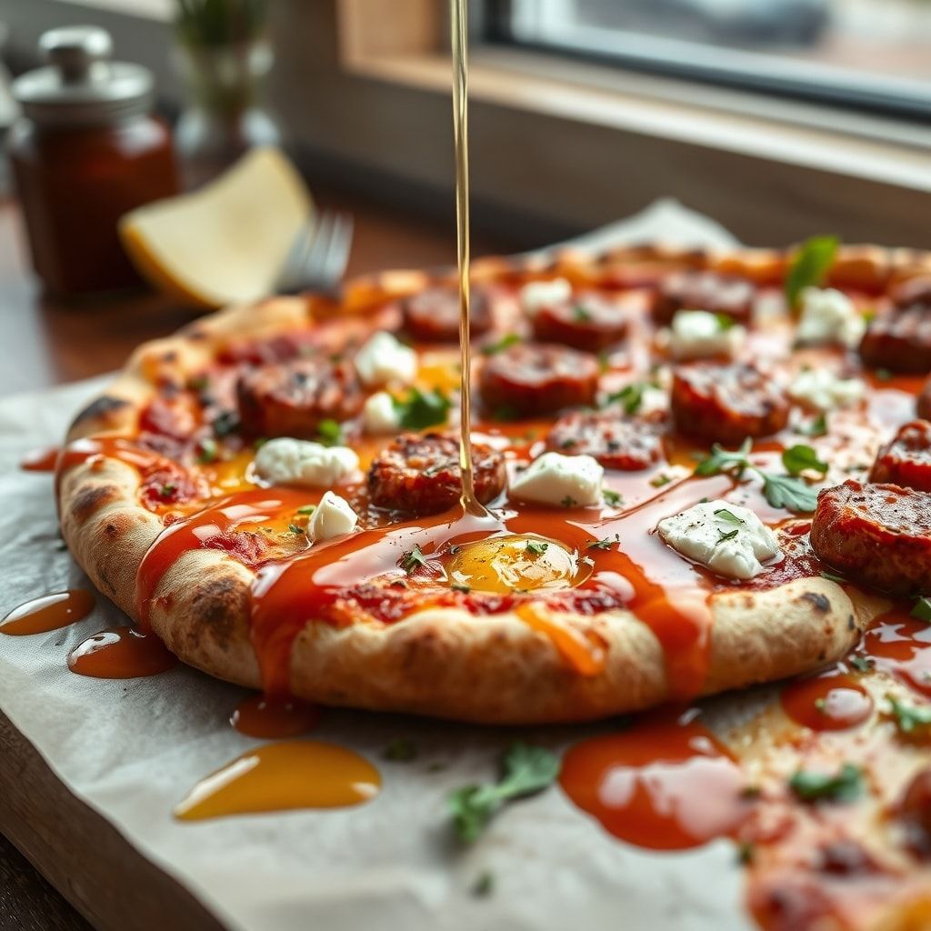 Spicy Hot Sausage and Feta Pizza with Honey Drizzle – Easy Homemade Weeknight Winner finished