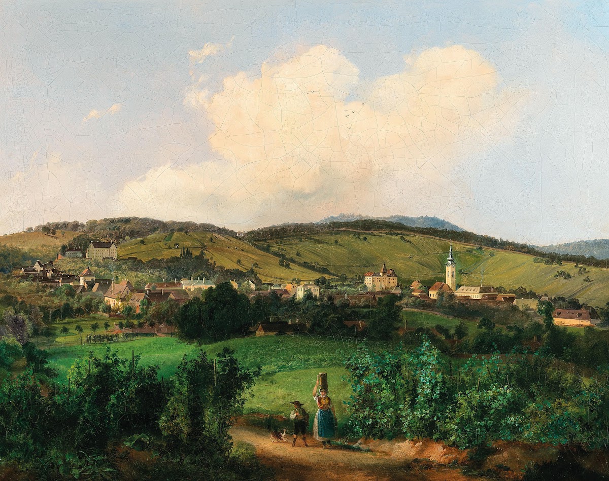Vienna a View of the Church and Barracks in Mauer seen from Lange Gasse 1843