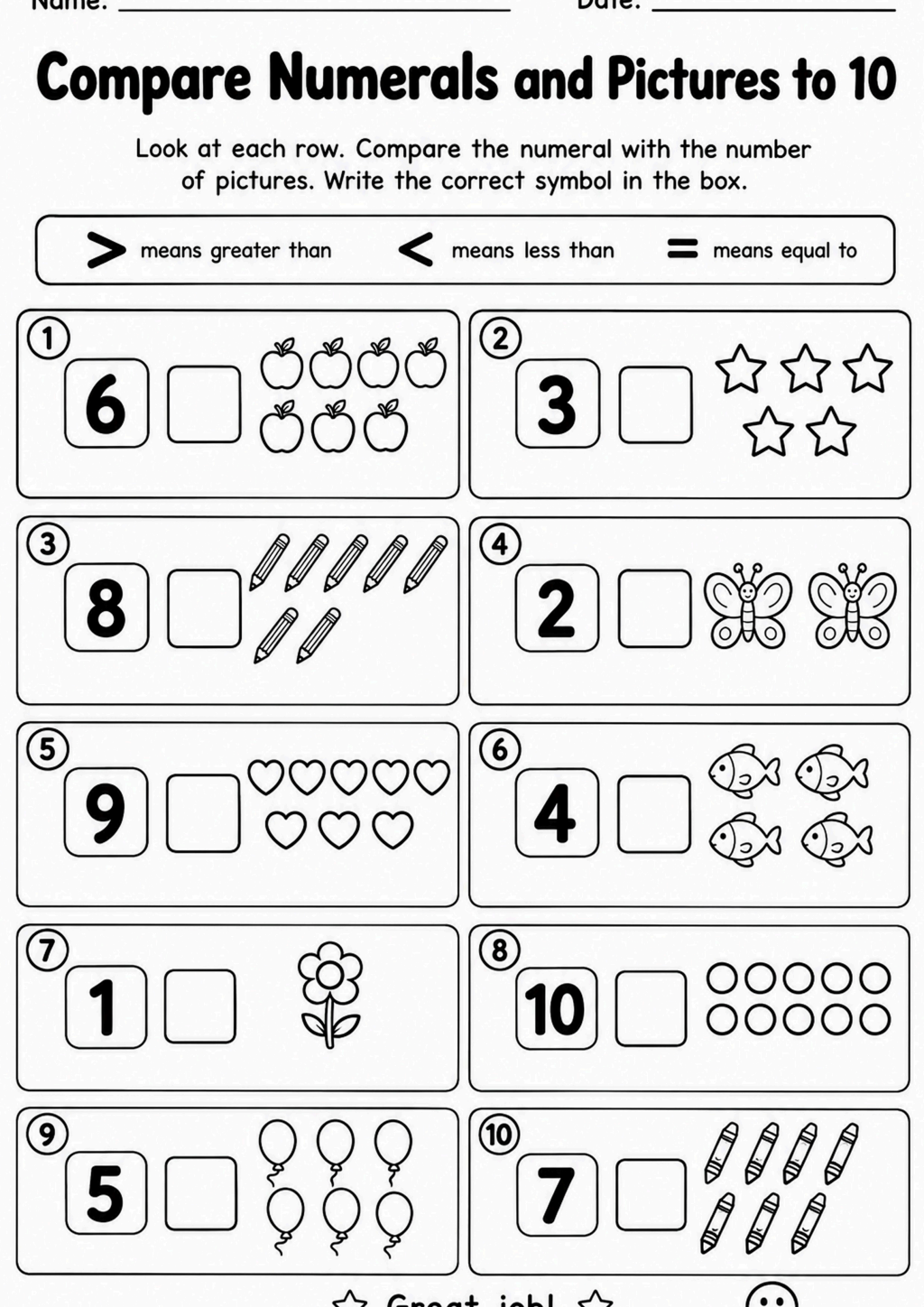 Compare Numerals and Pictures to 10 Worksheet