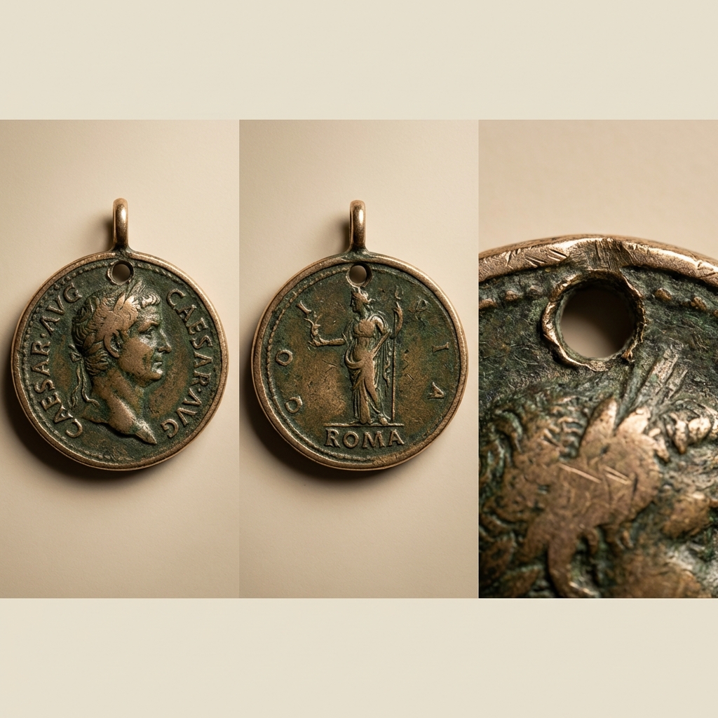 Triptych showing an ancient roman coin necklace pendant obverse reverse and edge detail with visible drill hole centered on a clean beige brand background