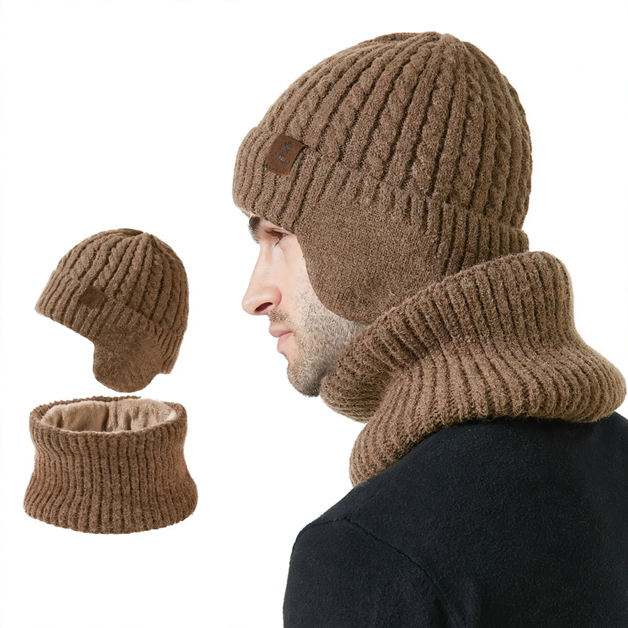 Unisex Strickmütze und Schal Set, warm, mit Ohrenschutz