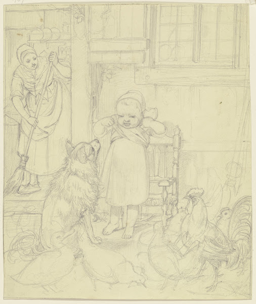 Bauersfrau Kind Hund und Hühner