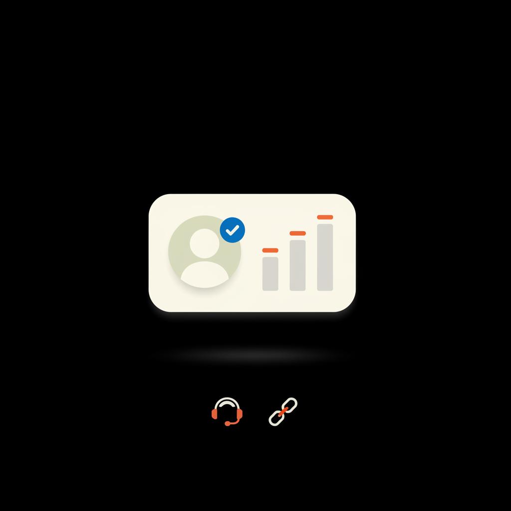 Minimal flat-vector profile card with blue verification check, rising chart bars, support headset and link icons on black background illustrating Twitter verification benefits.