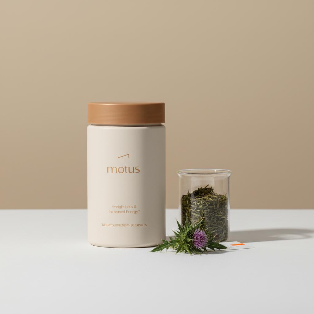 Minimal still-life of Tonum Motus supplement container beside a glass beaker of green tea leaves and milk thistle on a matte surface with a neutral #F2E5D5 backdrop — liver supplements for weight loss