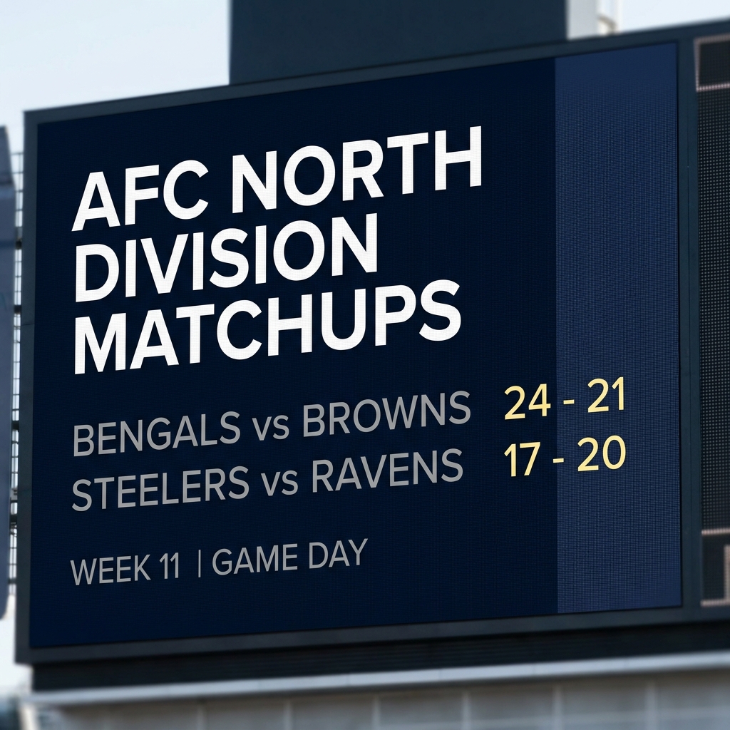 Close up stadium scoreboard showing AFC North matchups with Bengals highlighted and visible scores supporting bengals odds to win super bowl