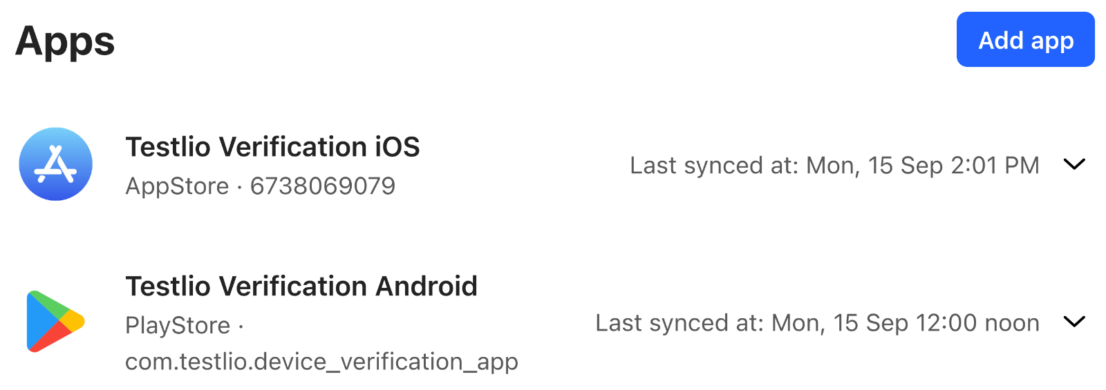 The iOS and Android app review sources for the Testlio Verification example.