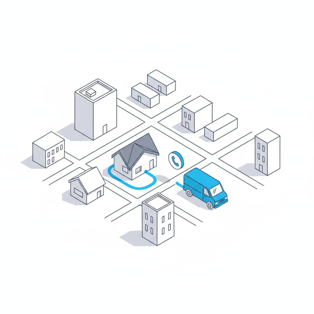 Isometric vector map of a service van, phone icon, and short route to a house on a clean sketch-style page &mdash; Will plumbers be affected by AI?