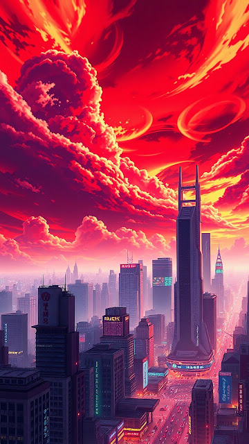 Futuristic City Under Fiery Red Sunset Sky - Free mobile Wallpaper