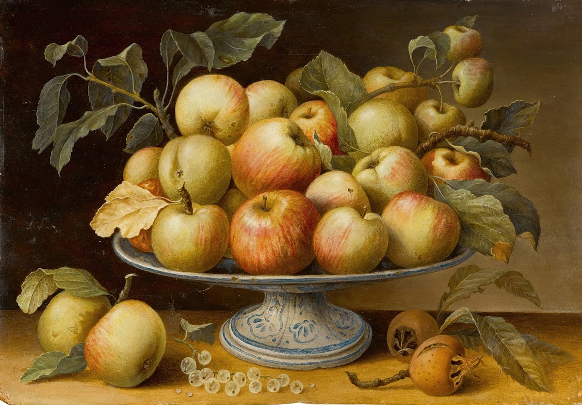 Still life with apples on a majolica tazza together with medlars and white curra