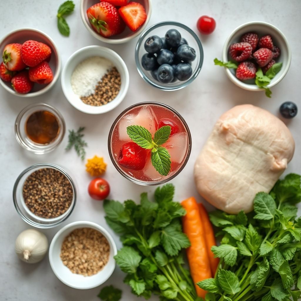 Ingredients for Easy Fizzy Berry Drink with Fresh Mint for Summer (5-Minute Homemade Refresher)