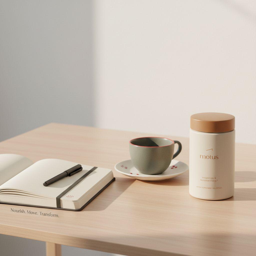 Tonum Motus bottle on a wooden table with a cup of tea and notebook, subtle berry icons and natural light; How much L-theanine per day to lose weight?