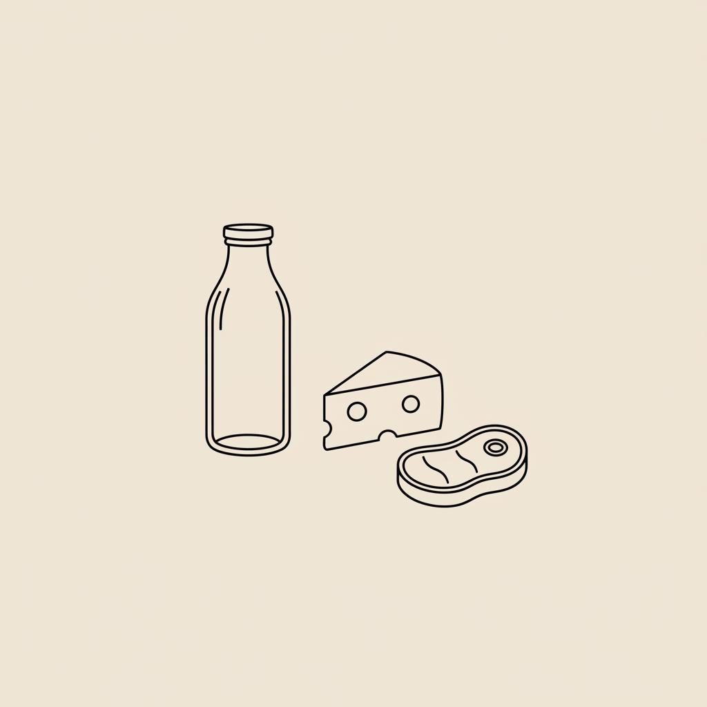 C15 minimalist vector line illustration of a milk bottle, cheese wedge and steak on beige background #F2E5D5 in Tonum-style thin black outlines.