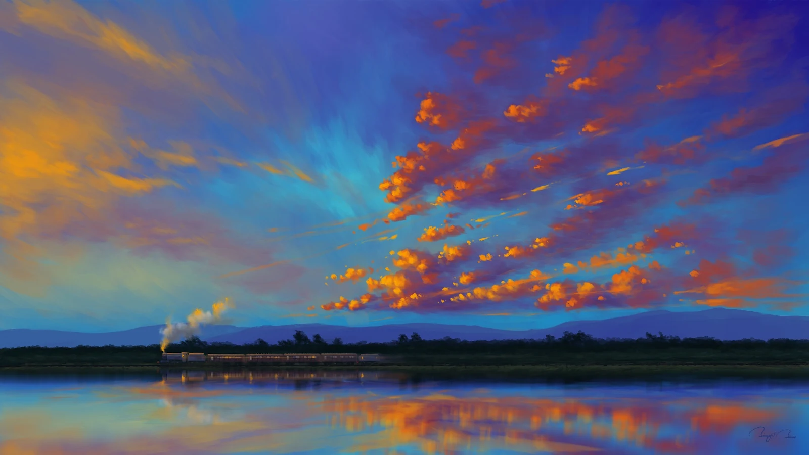 A Stunning Digital Painting, Landscape, Train, Clouds, Sky Full HD Desktop and Mobile Wallpaper Background (1920x1080)